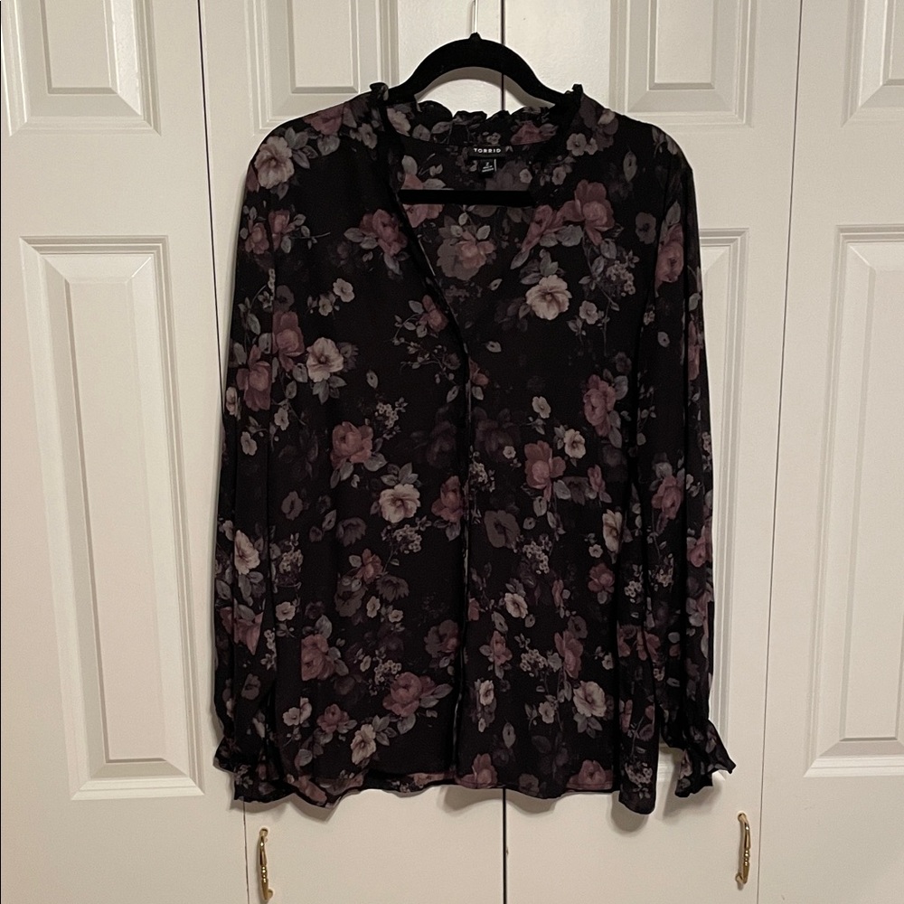 Torrid Black Blouse with Pink Floral Pattern